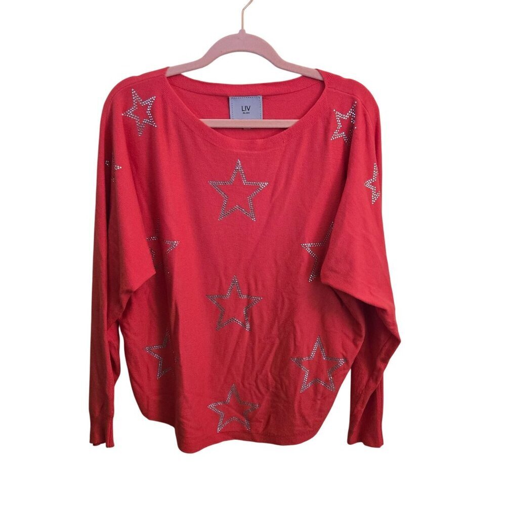 LIV Milano Dolman Sleeve Rhinestone Star Sweater Tomato Size L